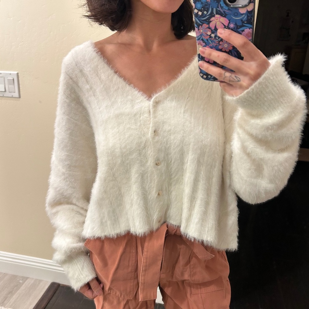 Miss Love Fuzzy Knit Button Cardigan Cream Size Large